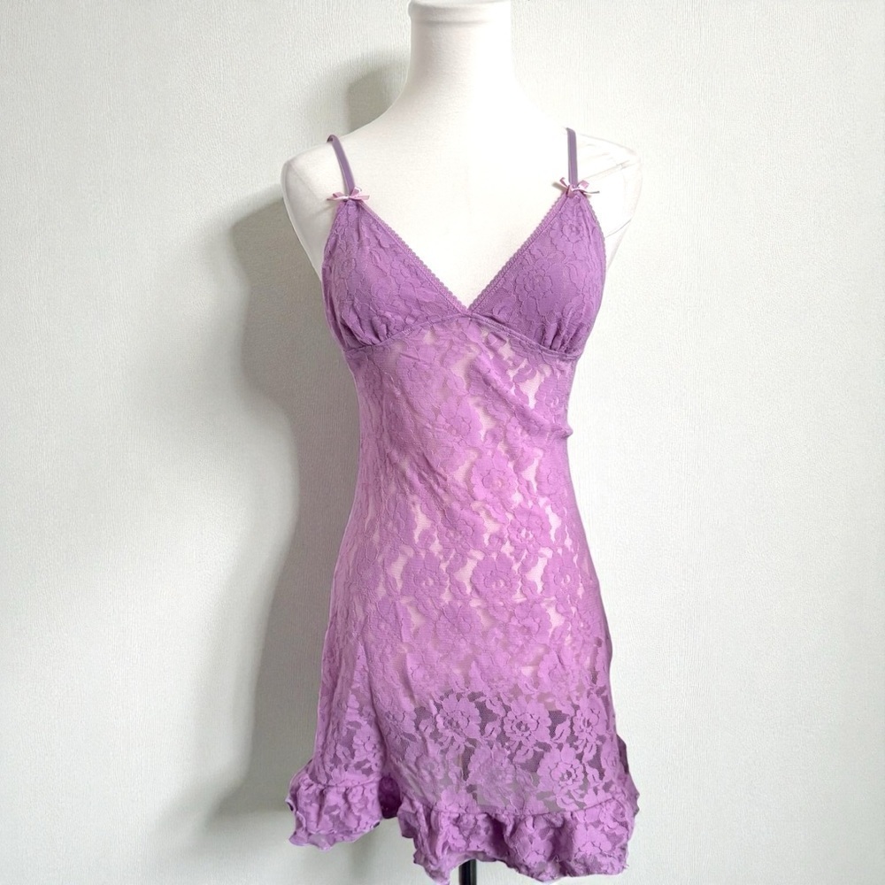 Lavender Lace Fairycore Slip Top Dress • Y2K Coquette Nightgown • Sheer Floral M